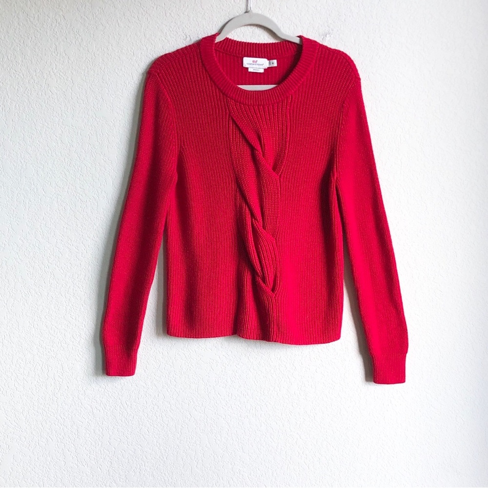 Vineyard Vines Womens Twist Front Cable Knit Sweater Merino Wool Red
